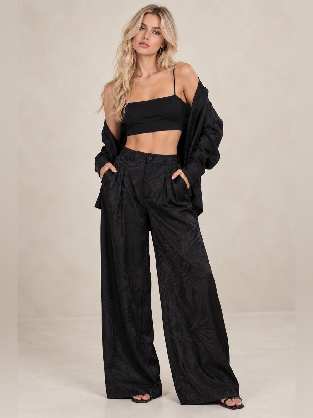 Banana Republic Black Wide-Leg Satin Jacquard Trousers